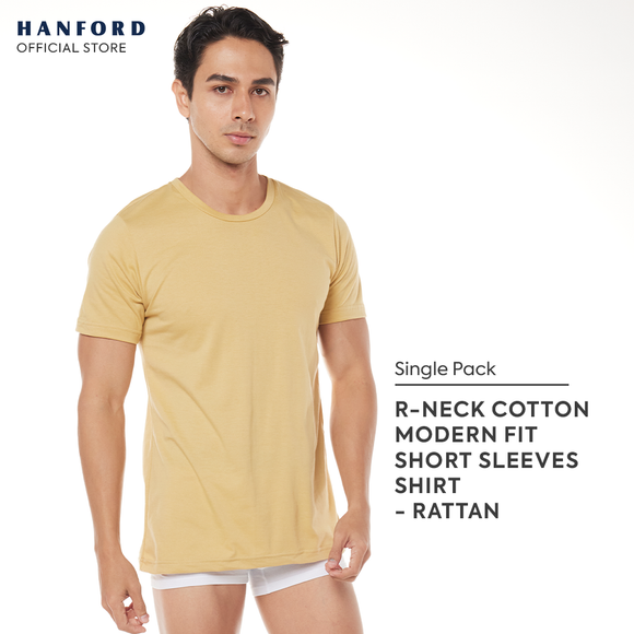 Hanford Men Teens R-Neck Cotton Knit Modern Fit Short Sleeves Shirt - Rattan (SinglePack)