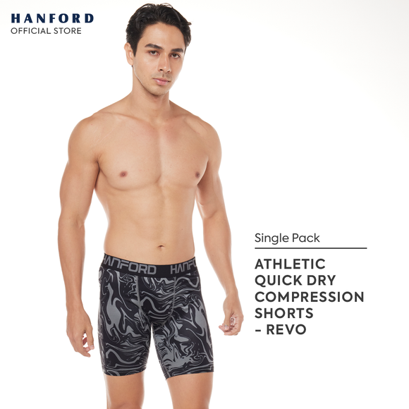 Hanford Athletic Men Pro Cool Quick Dry Compression Shorts Revo - Black / Swirl Print (Single Pack)