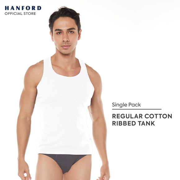 Hanford Men Regular Cotton Rib Tank - White Ribbed Fabric (Single Pack)