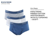 Hanford Kids/Teens Premium Ribbed Cotton Hipster Briefs W/ Fly Opening Scott - Assorted (3in1 Pack)