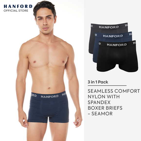 Hanford Men Seamless Comfort Soft Nylon with Spandex Boxer Briefs Itch Free Seamor (3in1)