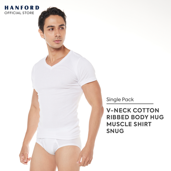 Hanford Men V-Neck Cotton Rib Body Hug Muscle Shirt Snug - White Ribbed Fabric (Single Pack)