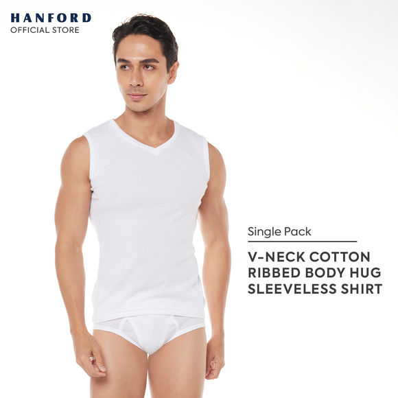 Hanford Men V-Neck Cotton Rib Body Hug Muscle Sleeveless Shirt - White Ribbed Fabric (Single Pack)