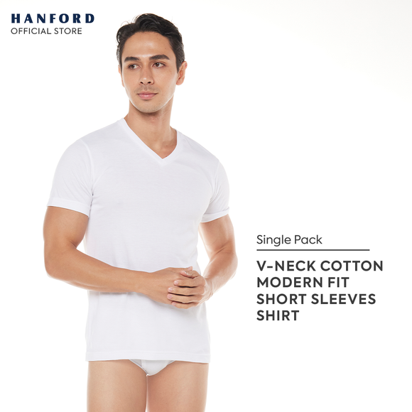 Hanford Men V-Neck Cotton Knit Modern Fit Short Sleeves Shirt - White (Single Pack)