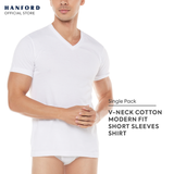 Hanford Men V-Neck Cotton Knit Modern Fit Short Sleeves Shirt - White (Single Pack)