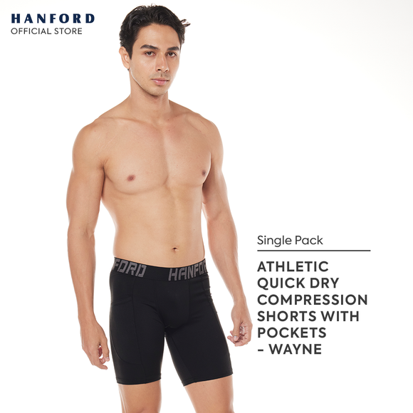 Hanford Athletic Men Pro Cool Quick Dry Compression Shorts with 2 Side Pockets Wayne - Black (Single Pack)