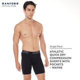 Hanford Athletic Men Pro Cool Quick Dry Compression Shorts with 2 Side Pockets Wayne - Black (Single Pack)