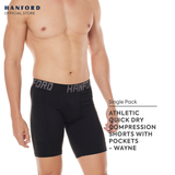 Hanford Athletic Men Pro Cool Quick Dry Compression Shorts with 2 Side Pockets Wayne - Black (Single Pack)