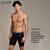 Hanford Athletic Men Pro Cool Quick Dry Compression Shorts with 2 Side Pockets Wayne - Black (Single Pack)