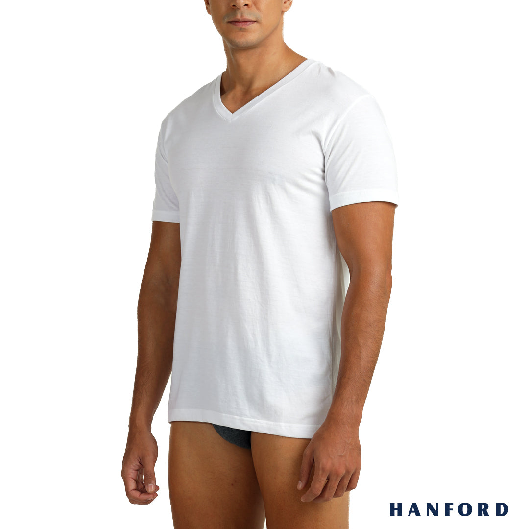 Hanford Men V-Neck Cotton Modern Fit Short Sleeves Shirt White (Sing