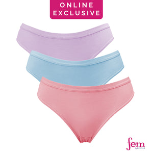 Fem by Hanford Ladies Women Teens Comfy Cotton Bikini Panty Paige - Plain Colors Asstd (3in1 Pack)